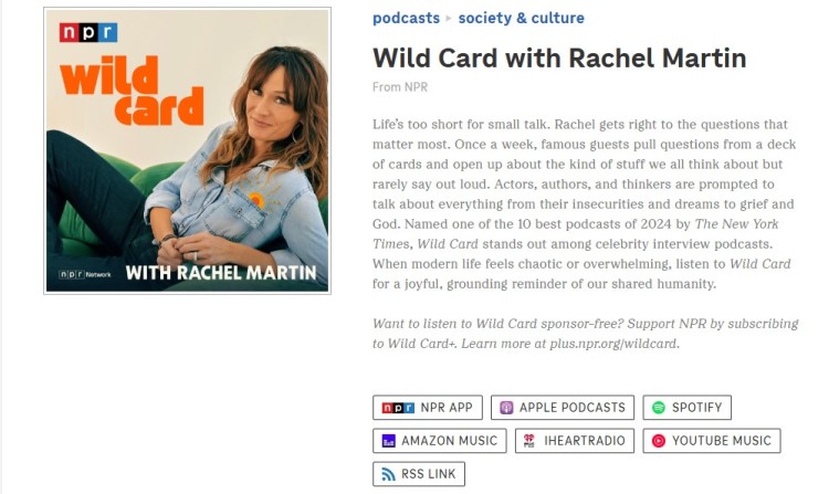NPR Wild Card podcast page featuring host Rachel Martin, highlighting the person behind the interview show and its card-based question format.
