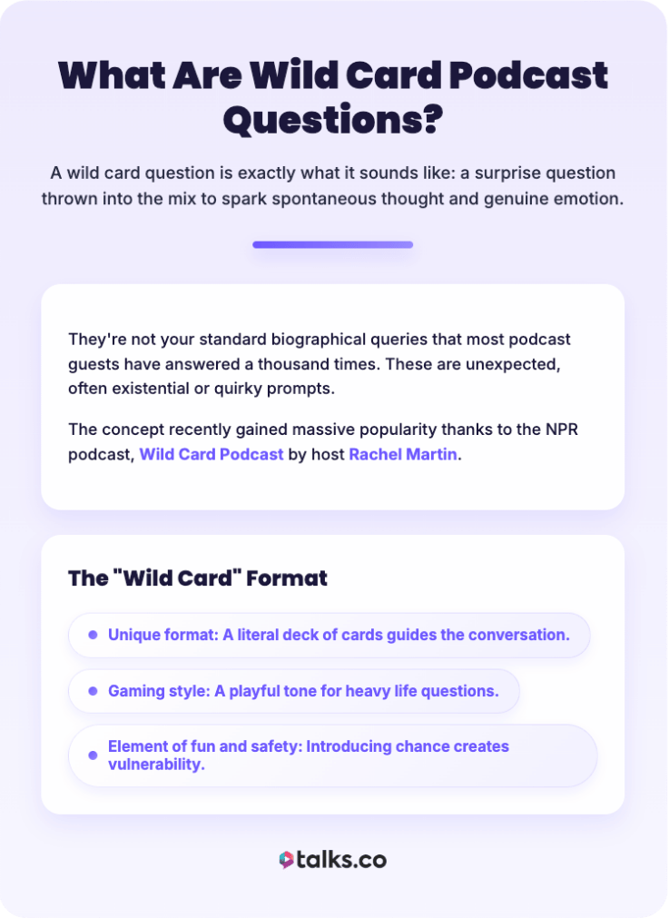 Infographic explaining the wild card podcast questions idea, describing surprise prompts, NPR’s Wild Card Podcast, and how the card-based format sparks deeper conversations.