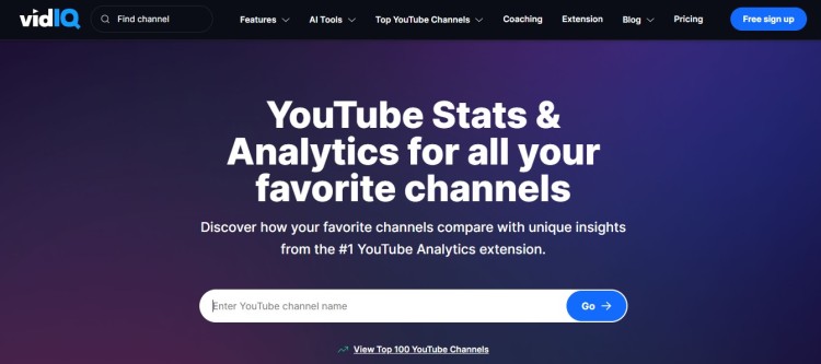 vidIQ homepage showing youtube channel stats and analytics search tool for comparing favorite channels and viewing performance insights.