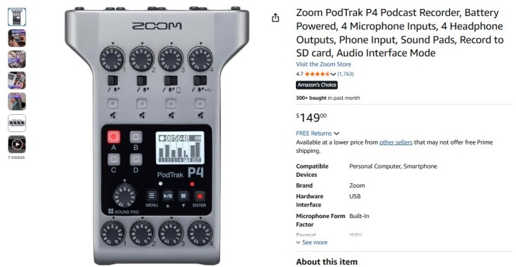 Zoom PodTrak P4 podcast recording device with four microphone inputs, headphone outputs, and built in sound pads