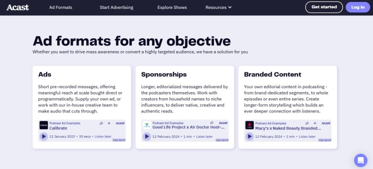Advertising platform page showing different ad options where services include podcast ads, sponsorships, and branded podcast content.