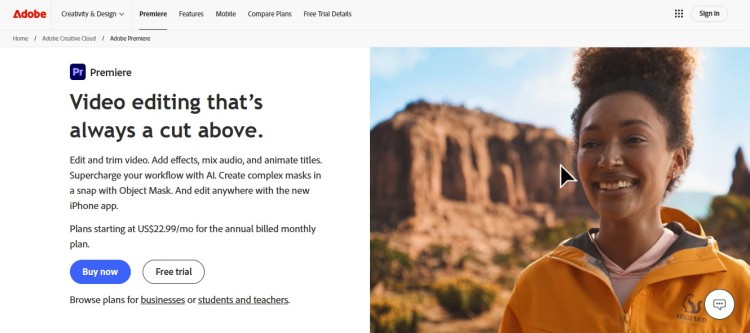 Adobe Premiere interface promoting advanced editing tools for video podcast production, including effects, audio mixing, and AI features.