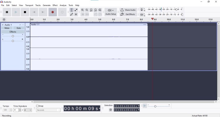 Audacity podcast software interface displaying an audio waveform timeline and editing tools for recording and post-production.