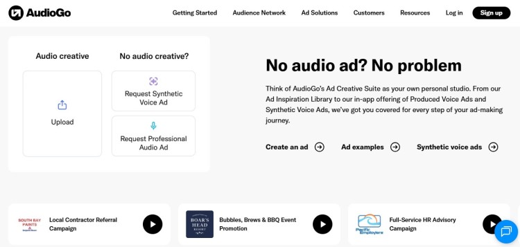 Advertising platform dashboard used in the podcast industry to create and manage audio ads with options for synthetic voice and professional production.