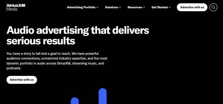 SiriusXM Media advertising page showing a platform that offers podcast advertising along with streaming music and digital audio campaigns.