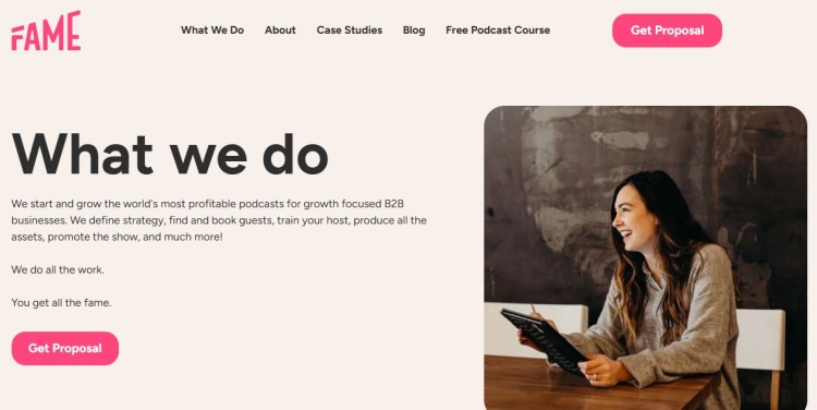 Fame website services page showcasing a b2b podcast agency offering strategy, guest booking, production, and promotion for business podcasts