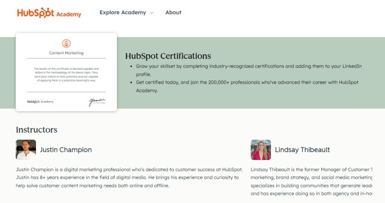 HubSpot Academy certification page showing marketing training resources that help professionals become a successful content creator through digital marketing education.