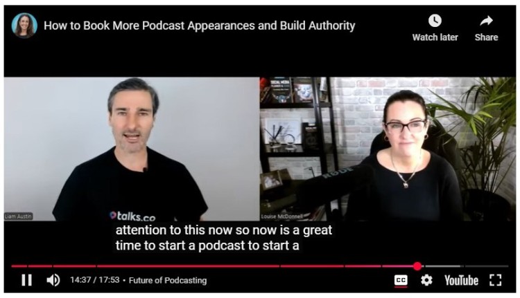 Interview video discussing strategies for building authority toward podcast appearances and getting booked as a guest on podcasts.