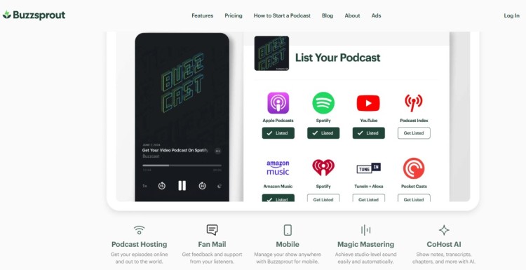 Buzzsprout podcasting dashboard showing podcast distribution options to Apple Podcasts, Spotify, YouTube, and other major platforms.