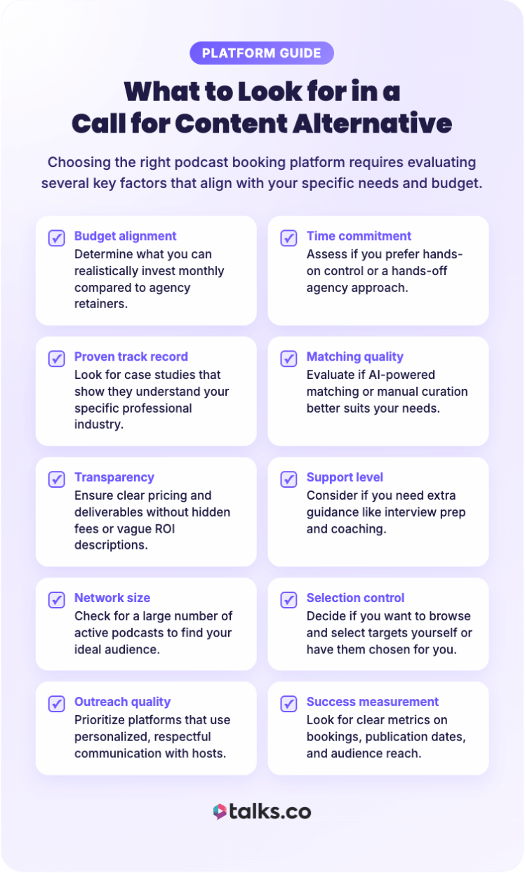 Infographic showing key factors to evaluate when doing research on a call for content alternative, including budget alignment, matching quality, transparency, and network size.