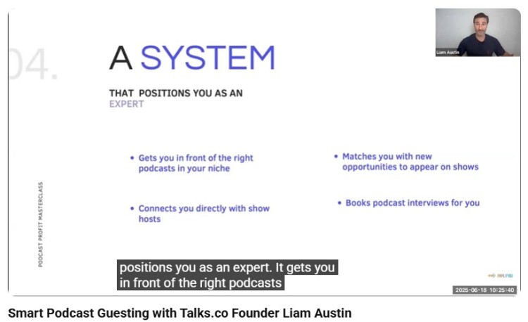 Presentation slide explaining a content and podcasting strategy that helps experts get featured on the right podcasts and connect with show hosts.