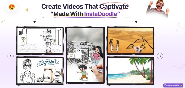 Animation video creation platform interface demonstrating tools used for content production including whiteboard animations and illustrated video scenes.