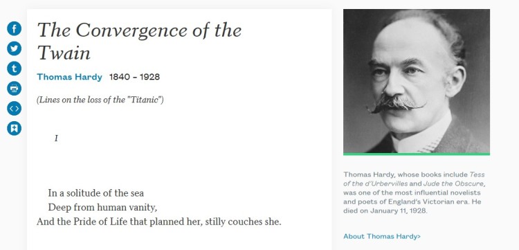 Excerpt from Thomas Hardy’s poem The Convergence of the Twain, a literary moment where dramatic irony takes place as readers understand the Titanic’s fate before the characters involved.