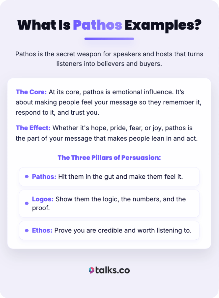 Infographic explaining the definition of pathos with examples showing how emotional influence works in persuasion alongside logos and ethos.
