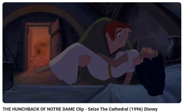 Emotional scene from The Hunchback of Notre Dame where Quasimodo carries Esmeralda, illustrating how dramatic irony involves the audience knowing deeper truths about the characters and their fate.