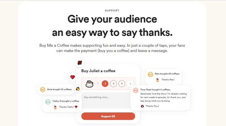 Support platform interface showing how creators can receive tips and donations, illustrating ways to earn money as a content creator.