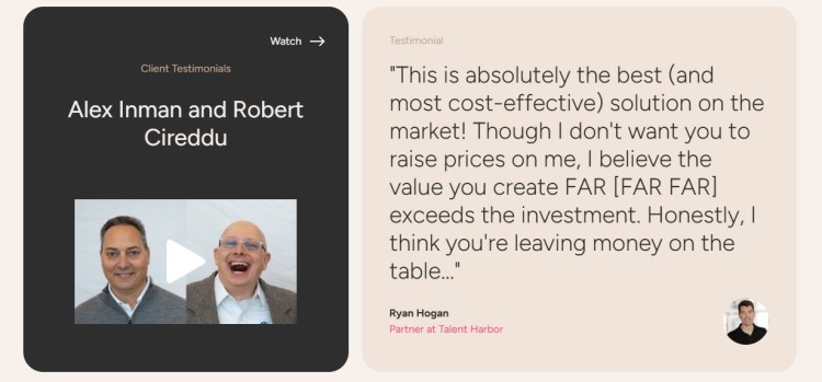 Client user testimonial for a b2b podcast agency featuring Alex Inman and Robert Ciredu, highlighting positive feedback and strong results