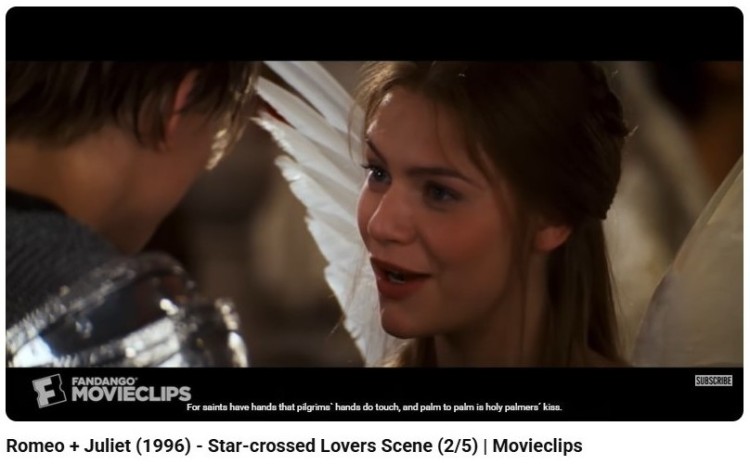 Scene from Romeo and Juliet (1996) often cited in discussions of famous examples of dramatic irony where the audience knows more about the lovers’ fate than the characters themselves.