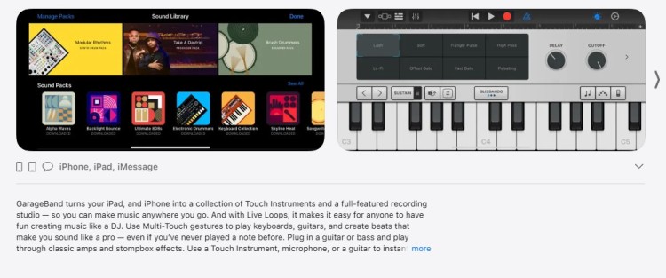 GarageBand offers touch instruments and a sound library on iPhone and iPad for creating music easily