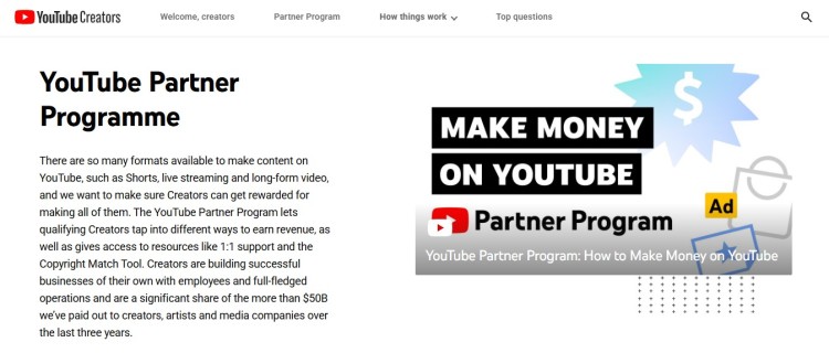 Screenshot of the YouTube Partner Program page explaining how creators use YouTube to monetize content and earn revenue.