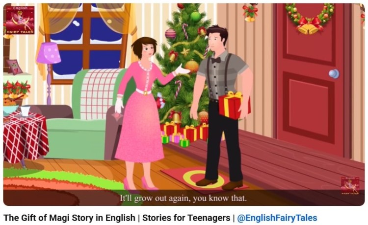 Animated scene from The Gift of the Magi illustrating how irony is used in the story when both characters sacrifice something valuable to buy gifts for each other.