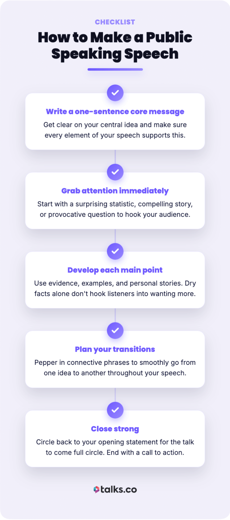 Checklist infographic outlining steps on how to make a public speaking speech to become better presenters, including core message, attention grabber, main points, transitions, and strong closing.