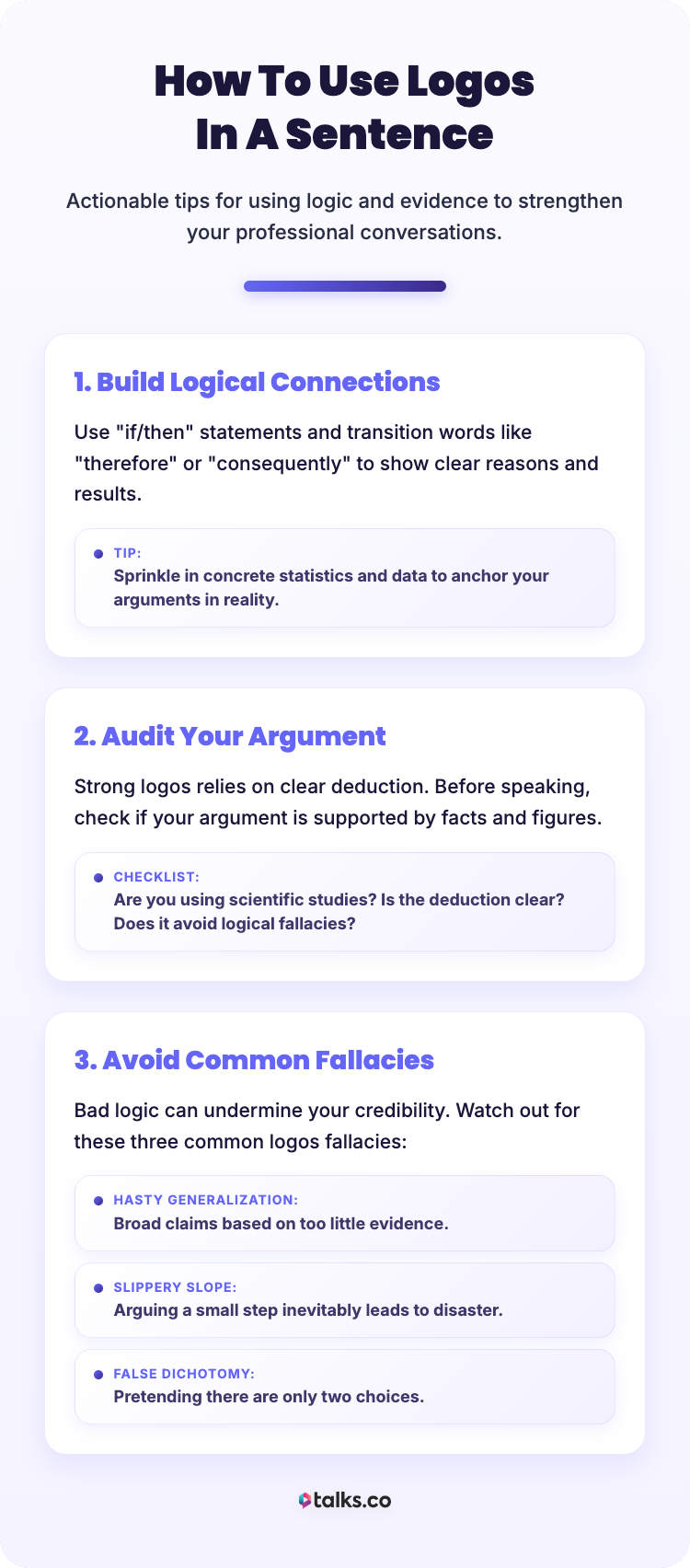 Infographic showing how to use logos in a sentence for speech, including tips on building logical connections and avoiding fallacies