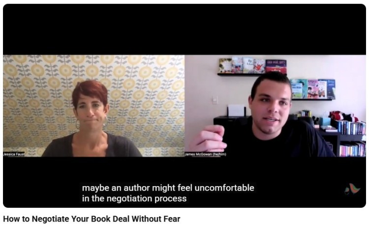 Online interview discussing how to negotiate a book deal, showing informative speech ideas shared during a discussion about the negotiation process.