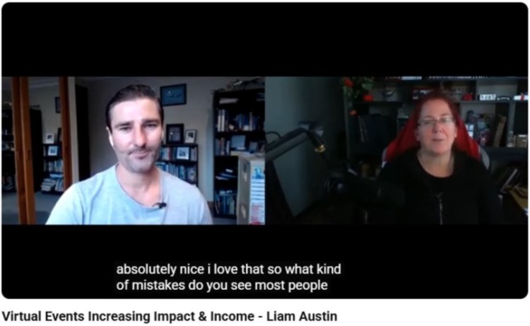 Split screen virtual interview showing an interview question being asked during a podcast interview