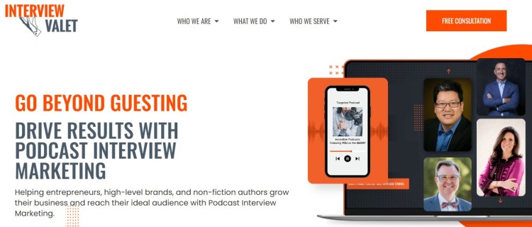 Website banner for a podcast agency offering podcast interview marketing services to help entrepreneurs and authors reach their audience.