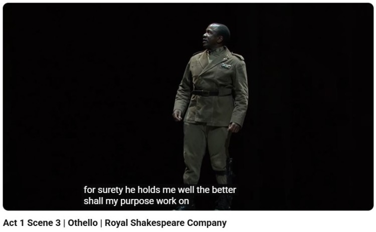 Stage performance of Othello Act 1 Scene 3 showing a moment where irony happens as the audience understands the deception unfolding before the characters do.