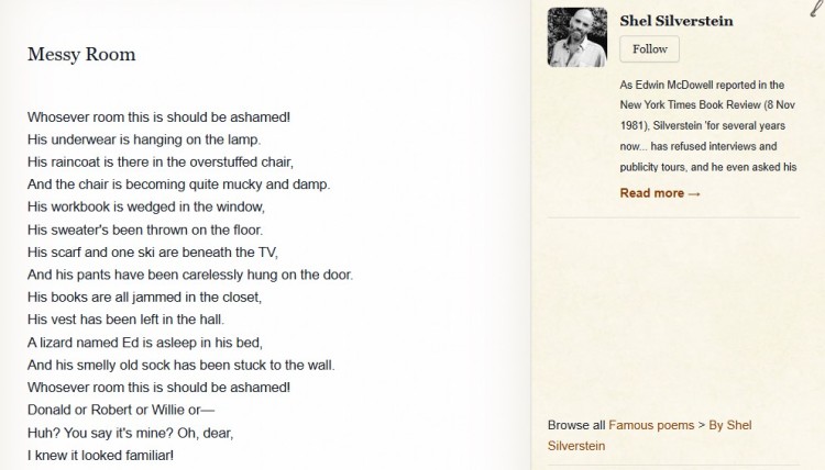 Screenshot of Shel Silverstein’s poem “Messy Room,” illustrating the irony of events when the narrator criticizes a messy room only to realize it is their own.