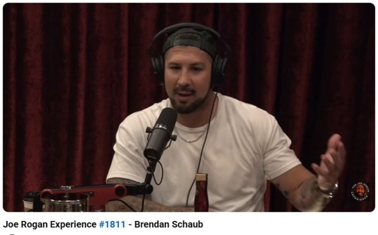 Brendan Schaub speaking on the Joe Rogan Experience podcast, showing engaging content from episode 1811 during a live conversation