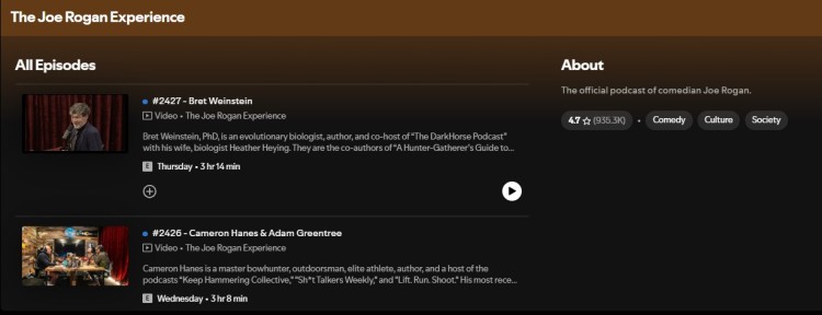 Spotify interface showing Joe Rogan Experience podcast episode list with guest names, episode numbers, and durations