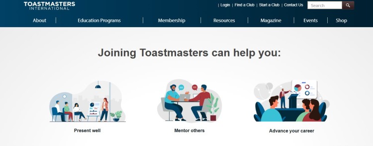Toastmasters International webpage showing how joining can help you hone public speaking, mentoring, and leadership skills.