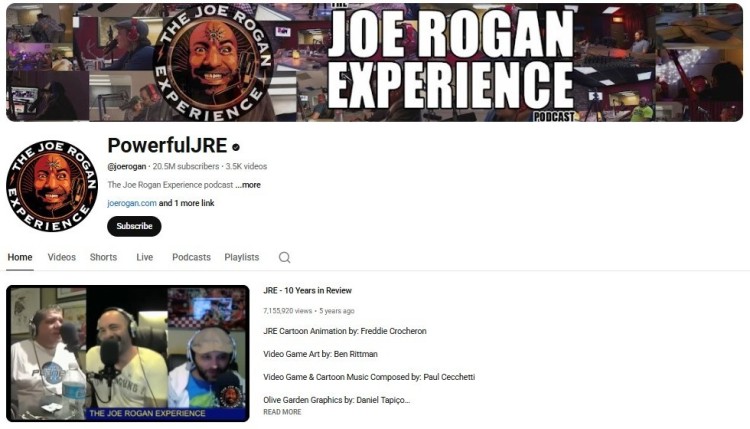 YouTube channel page for JRE showing Joe Rogan Experience branding, subscriber count, and podcast video content