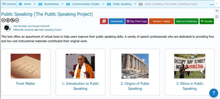Open textbook webpage titled Public Speaking The Public Speaking Project offering free materials to help students learn public speaking skills and theory.
