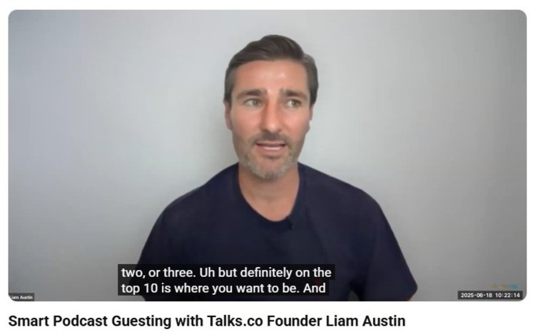 Liam Austin speaking in an interview about choosing the right podcast genre and strategies for podcast guesting and audience growth.