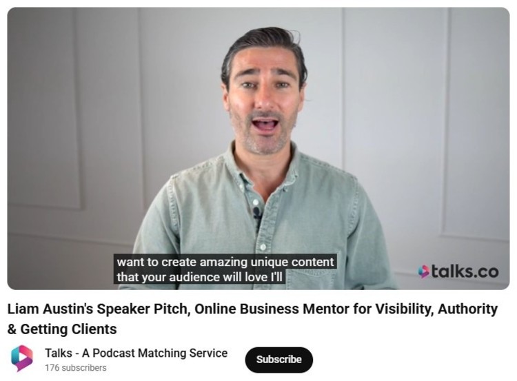 Liam Austin speaking in a video explaining how experts can reach podcast fans and grow visibility through podcast guest appearances.