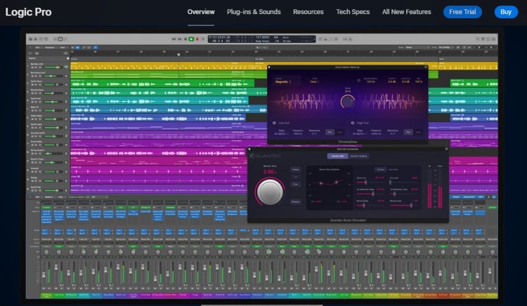 Logic Pro interface displaying multitrack audio mixing and plugins, professional software for your podcast production and sound design.