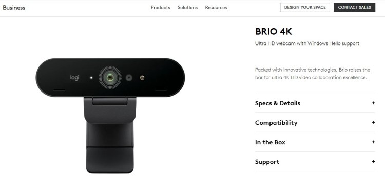 Logitech BRIO 4K webcam product page showing an ultra HD camera used to record your podcast with high video quality.