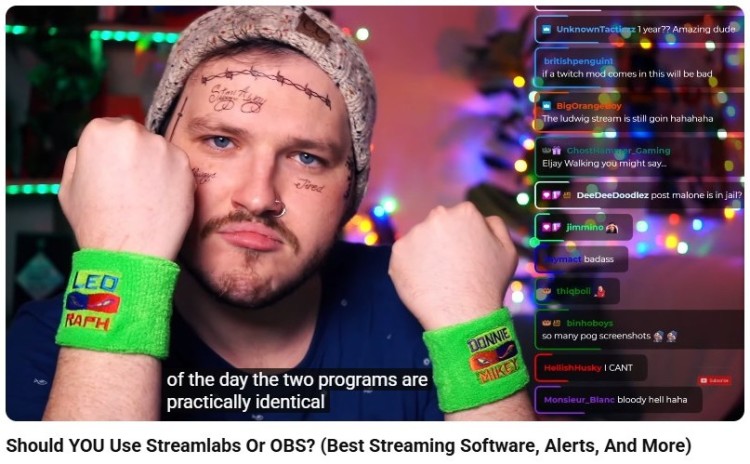 Streamer comparing obs or streamlabs while live chat appears on screen, discussing features and performance of both streaming tools