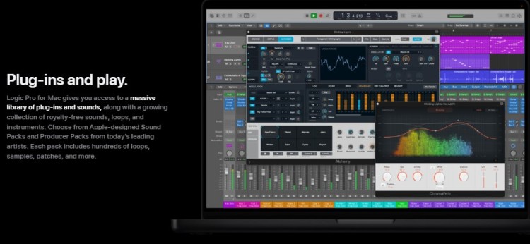 Wide range of plugins available in logic pro shown within the interface including EQ, synths, and audio effects