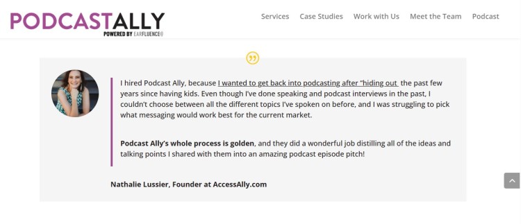 Podcast Ally website section showing a client testimonial describing their experience getting help with podcast interviews and messaging strategy.
