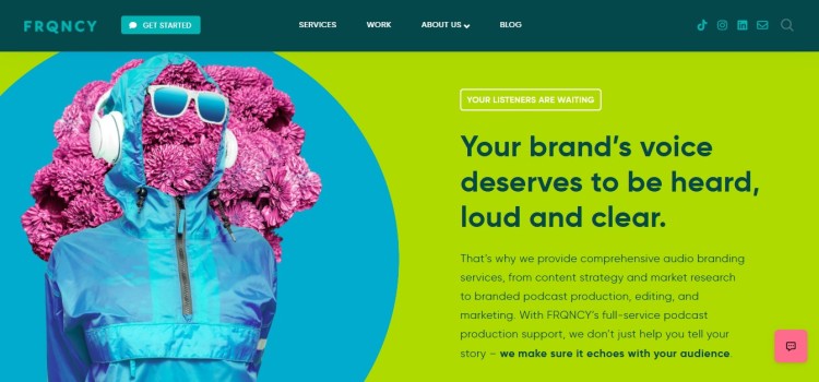 Podcast production and audio branding website highlighting how companies communicate brand values through podcast content and audio storytelling.