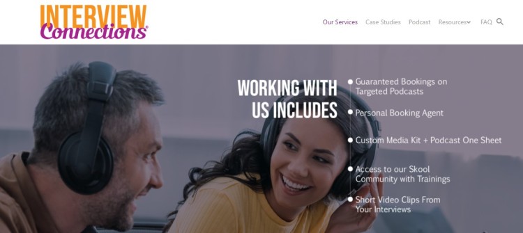 Website banner from a podcast booking company showing services such as guaranteed podcast bookings, personal booking agents, and media kit support.