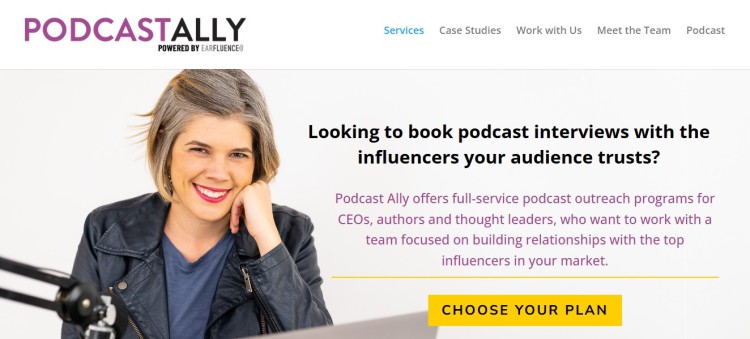 Website banner for Podcast Ally promoting a podcast guest booking service that helps experts and authors secure podcast interviews with trusted influencers.