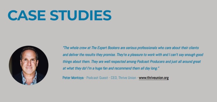 Case study testimonial from a podcast guest highlighting results and positive experience working with Expert Bookers