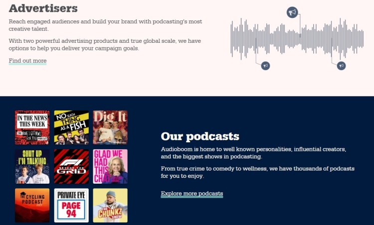Advertising platform page showing podcast media networks with multiple podcast shows available for advertisers and listeners.
