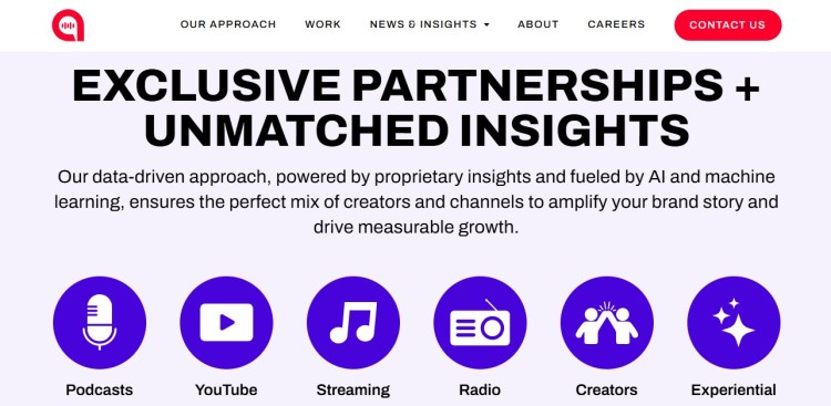 Website section showing podcast media advertising channels including podcasts, YouTube, streaming, radio, creators, and experiential marketing.